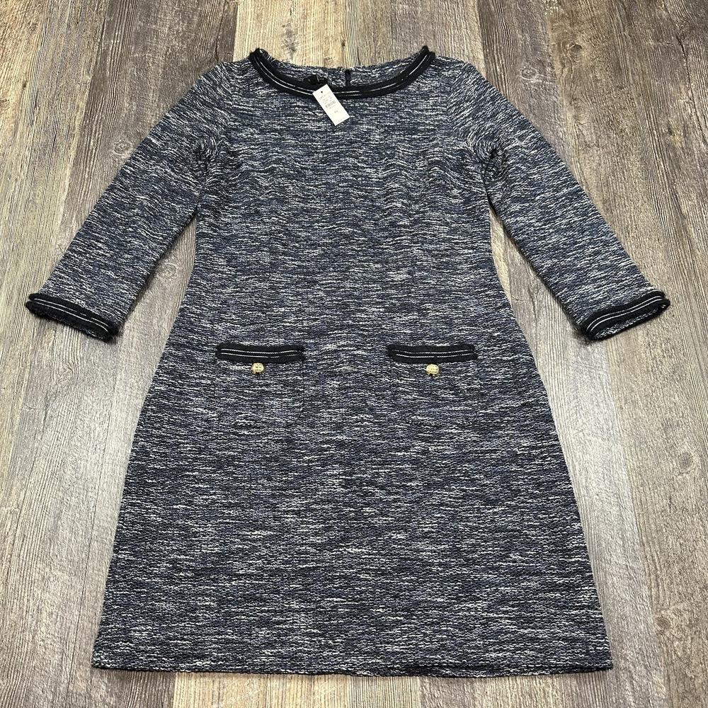 Talbots Petite Tweed‎ Knit Shift A-Line Dress Blue Gold Buttons 3/4 Sleeve Sz 4P